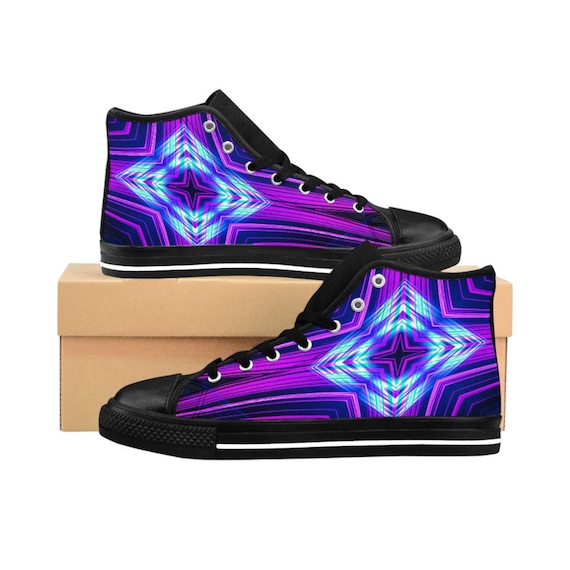Mens Colorful Rave Shoes, Vaporwave Fashion Sneakers, Cyberpunk High Tops, Futuristic Abstract Raver Footwear