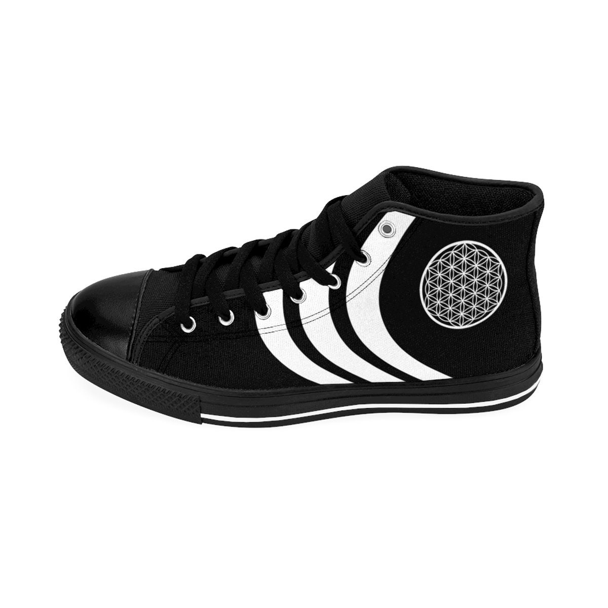 Sacred Geometry Flower of Life Shoes, Canvas Sneakers, Mens Festival Outfit Geometric Black and White Techno Rave Clothing Psytrance Edm