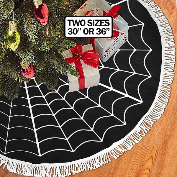 Mini Halloween Spiderweb Tree Skirt Christmas Witches Goth Holiday Decor Gothic Vampire Decoration, Black White Dark Creepy Spooky Nightmare