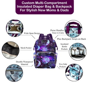 May include: A purple and blue diaper bag with a celestial print featuring moons, stars, and a sun. The bag has multiple pockets, including insulated bottle pockets, a mesh pocket, and two side pockets. It also has purse handles and backpack straps.