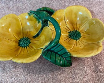 Vintage Holland mal keramiek gele bloemen trinket snoepschaal 2-zijdig
