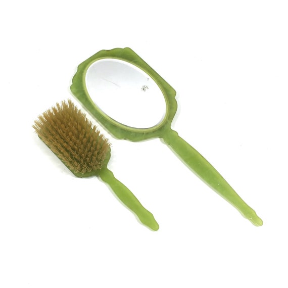 Vintage Hand Mirror Brush Set In Green Marble Antique Vanity Decor