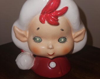 Vintage Lefton Santakins elf pixie head vase