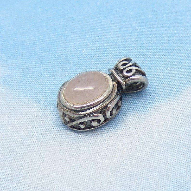 Boho Bali Victorian Filigree Design Tiny Natural Rose Quartz Pendant Genuine Rose Quartz 925 Sterling Silver Small Minimalist