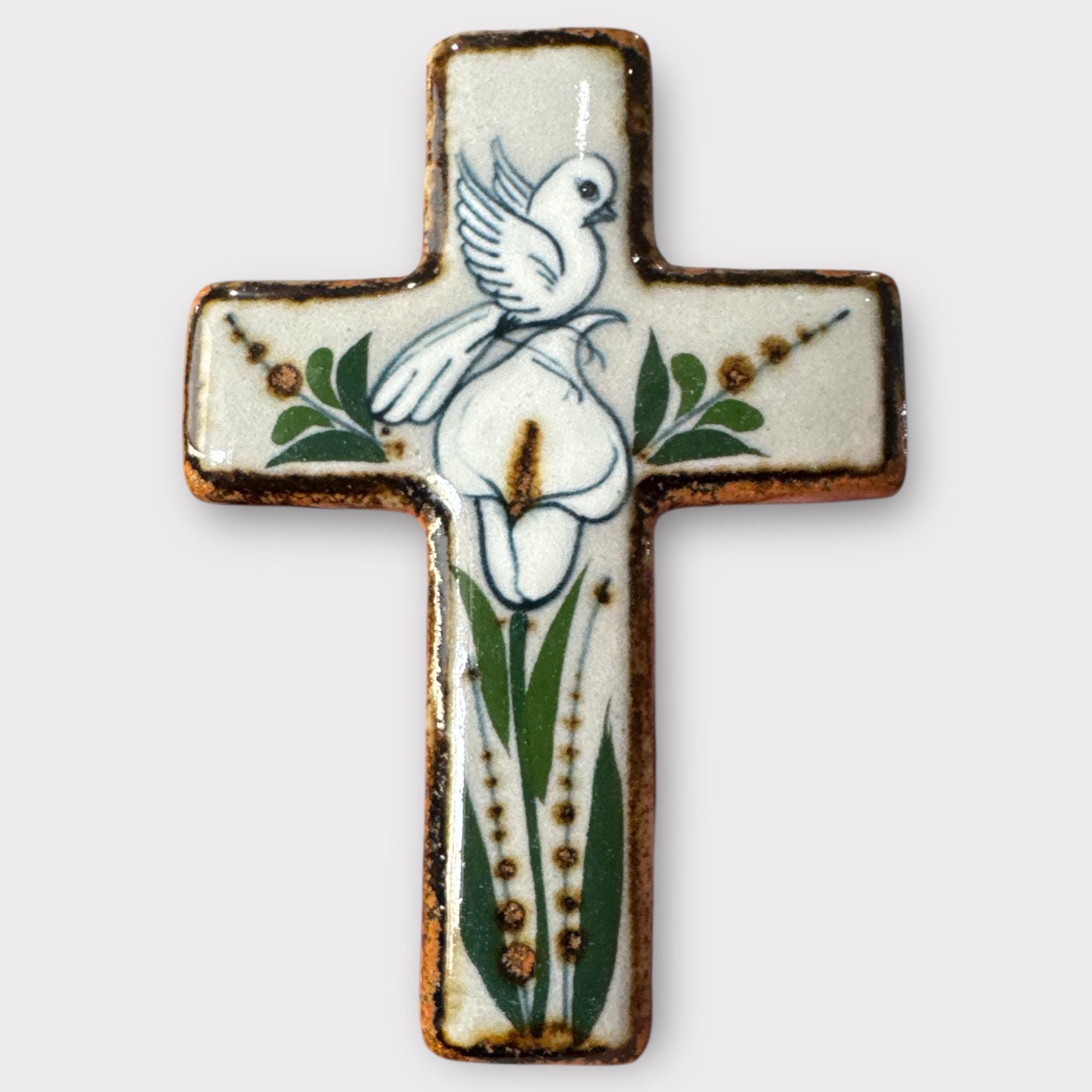 4.25” Tonala Mexican Pottery Wall Art Cross with Handpainted Dove on Peace Lily
