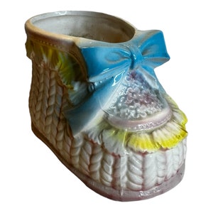 Vintage Small Relpo Baby Shoe Planter Pink Blue Ribbon Yellow Ruffles  #6468
