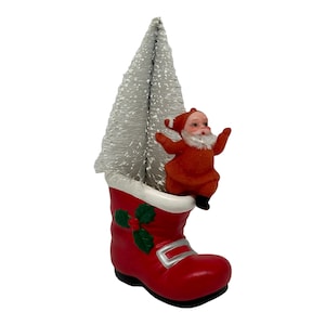 Vintage Flocked Santa On Ceramic Santa Boot W/ Christmas Sisal Bottle Brush Tree