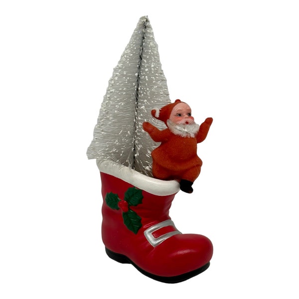 Vintage Flocked Santa On Ceramic Santa Boot W/ Christmas Sisal Bottle Brush Tree