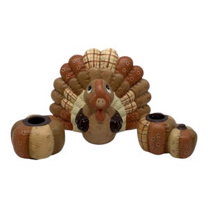 Vintage Thanksgiving Centerpiece Set Turkey Pumpkins Candle Holders Fall Décor