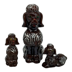 Vintage Anco Japan Redware Poodle Dog With 2 Puppy Figurines Green Jeweled Eyes
