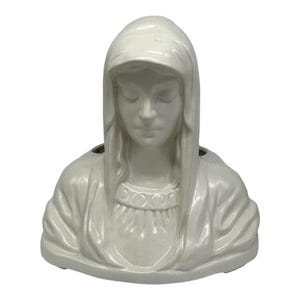 Vintage grote bloempot van aardewerk met afbeelding van de Heilige Maagd Maria (Madonna) ~ Crème ~ 30 cm hoog ~ Zwaar ~ Gemaakt in de VS ~ #120F
