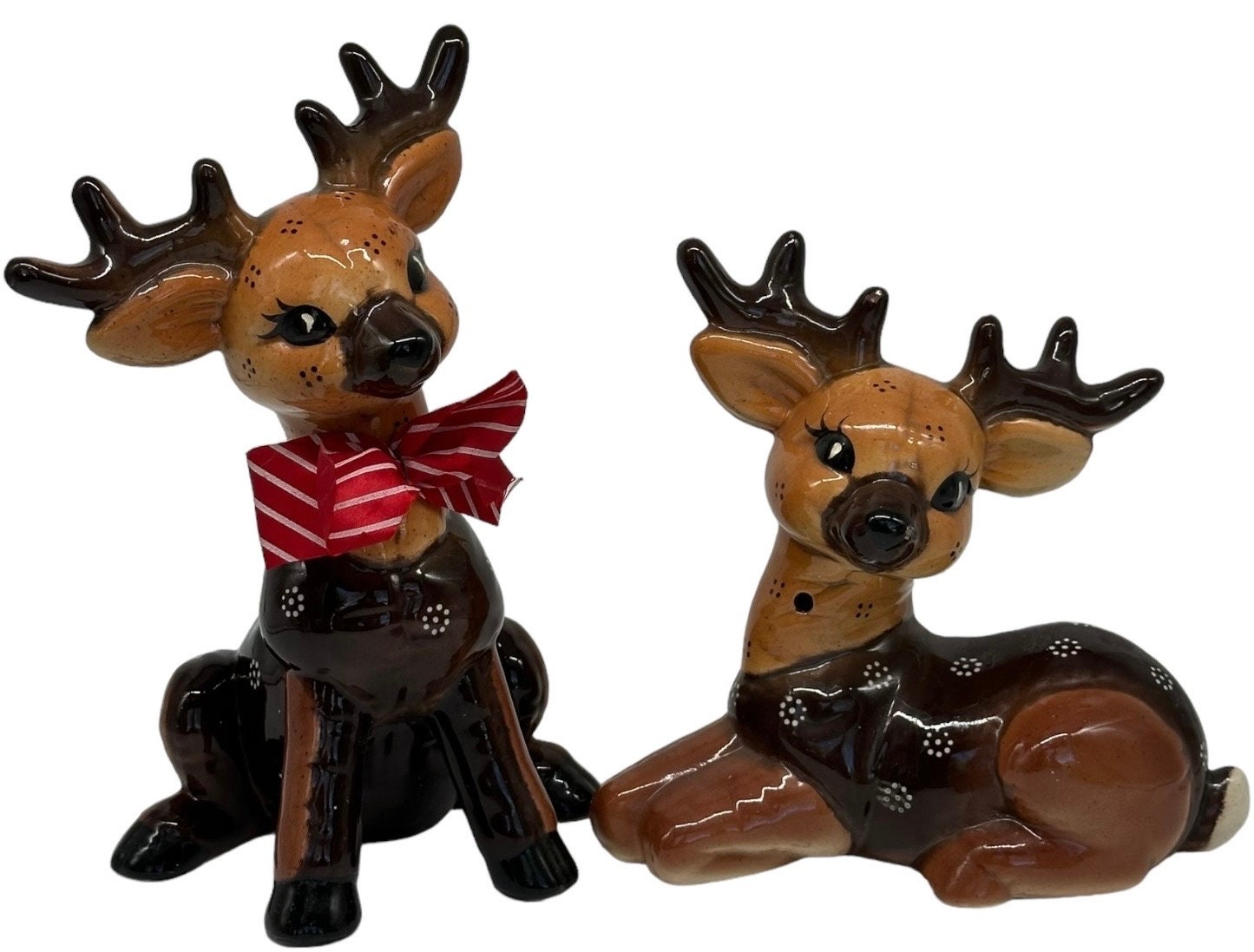2 Vintage Ceramic Christmas Reindeer Kitch Figurines Hand Painted