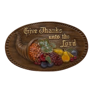 Vintage “ Give Thanks unto the Lord” Chalkware/Plaster Plaque Wall Decor 15”x 9”