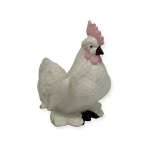 Vintage Handmade Ceramic Rooster Chicken Figurine   White Pink   6.5” Tall