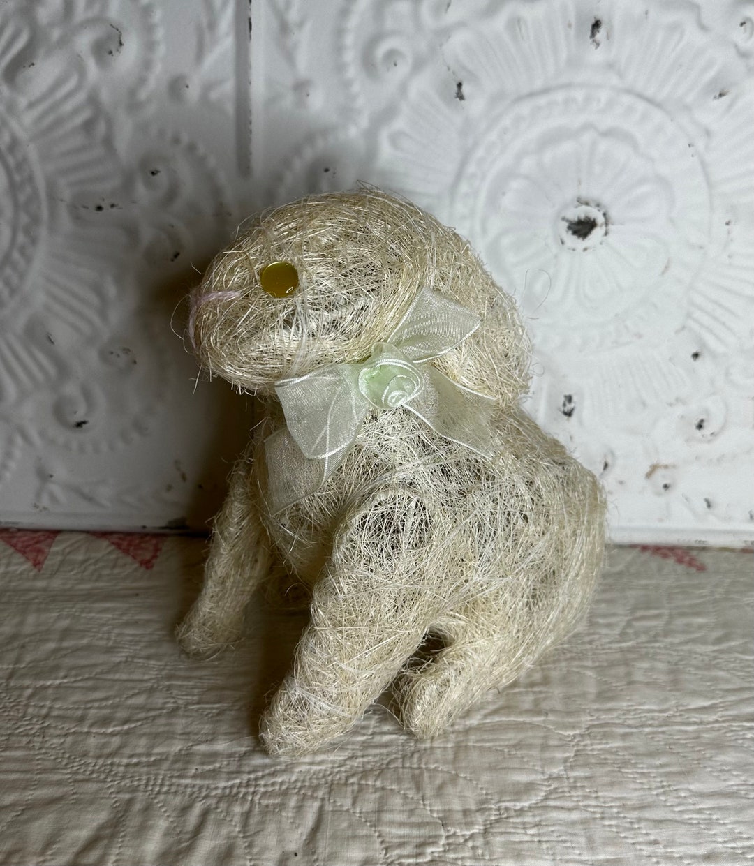 Bunny Rabbit Figurine Straw Sisal Jute Beige W/ Mint Bow 7.5 Easter ...