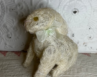 Bunny Rabbit Figurine Straw Sisal Jute  Beige W/ Mint Bow  7.5”  Easter Spring