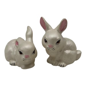 2 Vintage Small Ceramic Easter Bunny Rabbit Figurines Hand Painted White & Pink
