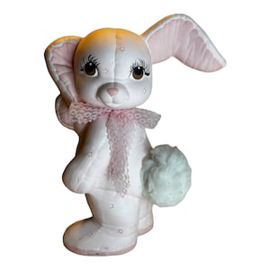 Vintage Hand Painted Ceramic Pink Bunny Easter Figurine  10.5” Tall  Fluffy Tail