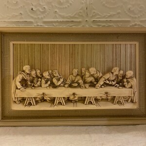Vintage Framed Chalkware 3D The Last Supper Raised Relief Jesus Wall Hanging 18”