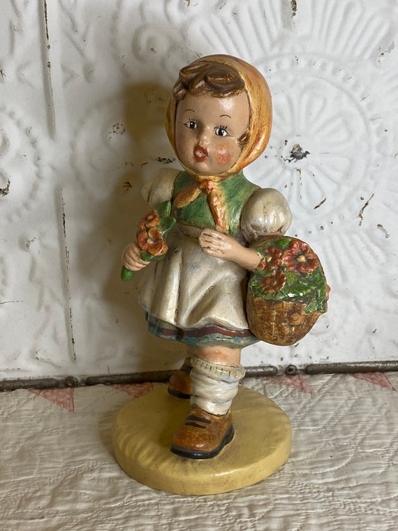 Vintage Girl With Flowers Figurine Statue Hummel Like Ceramic Hand