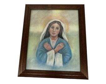 Vintage Framed Virgin Mary Print In Oak Frame  Fran Preston  9.5” x 11.5”