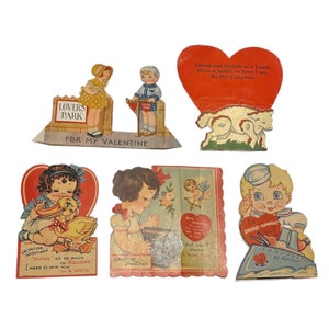 Lot de 5 cartes de la Saint-Valentin vintage des années 40 pour garçons et filles, agneau et canard