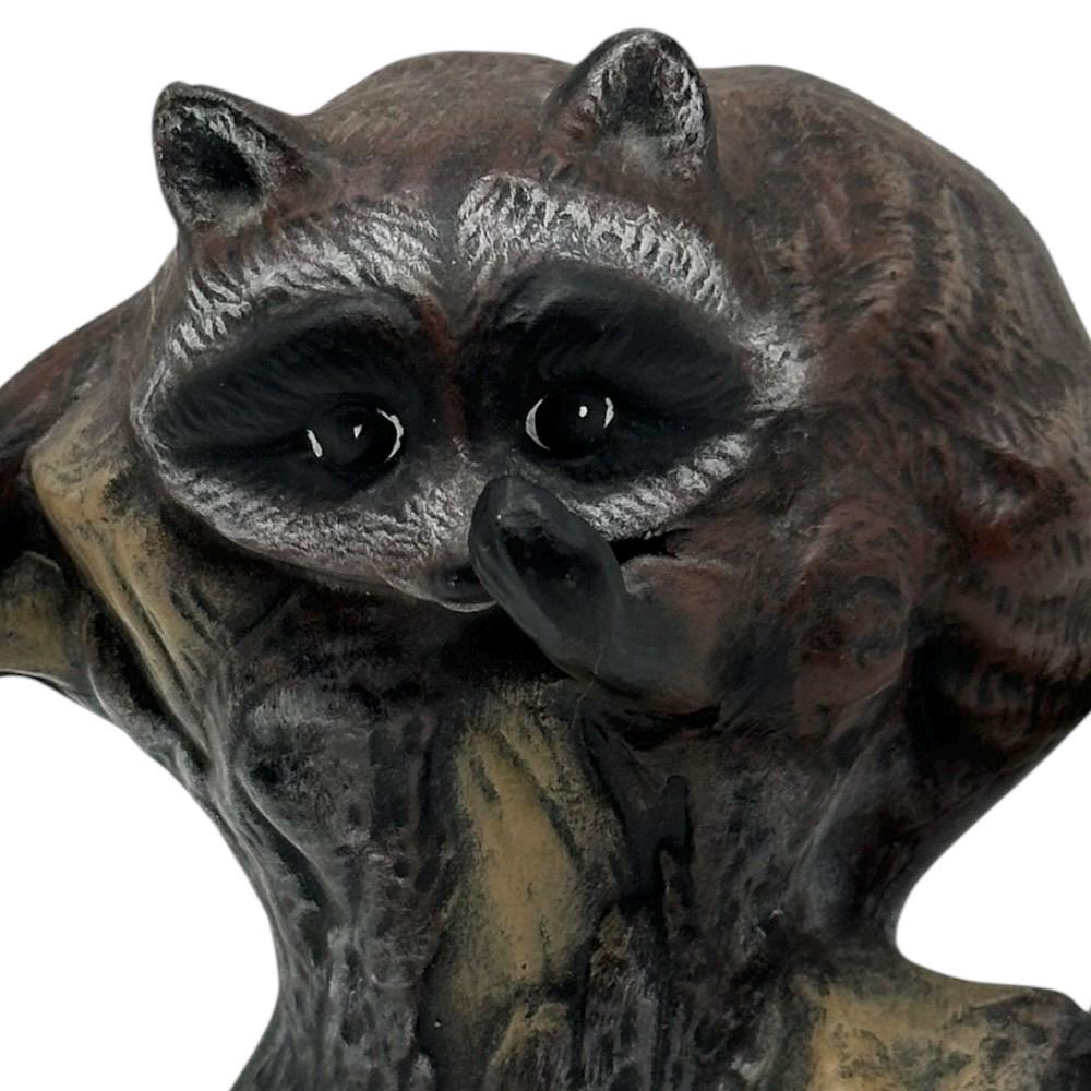 Three Raccoon Statue Vintage Hand Painted Raccoon on Tree Stump Ceramic Statue Figurine 4 ...