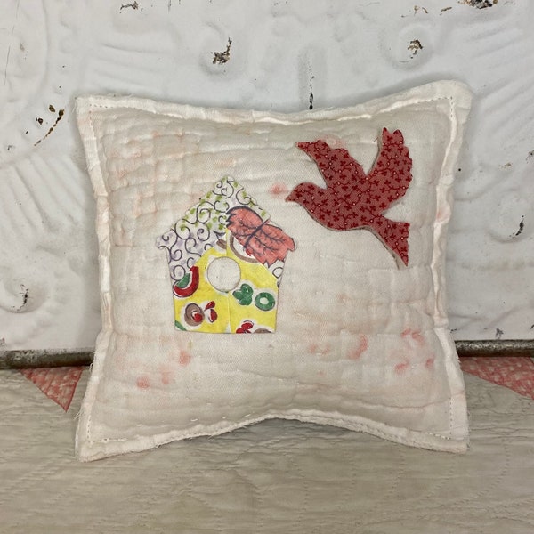 NEW Handmade Bird & Birdhouse Pillow  Vintage English Quilt  Old Chenille  Cute!