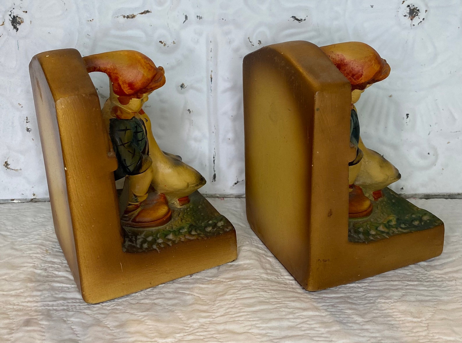 Vintage Chalkware Pair of Bookends Boy With Geese Very Cute Etsy