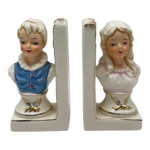Vintage Wales Co Victorian Dutch Boy And Dutch Girl Porcelain Ceramic Bookends