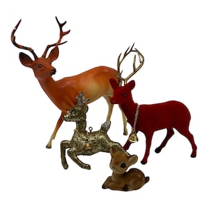 4 Vintage Red Velvet Reindeer~Plastic Buck~Glitter~Fawn~Christmas Figurines