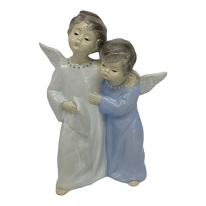 Vintage Paper Mache Caroling Angels Brotherly Duet Figurine  7” Tall  Blue White