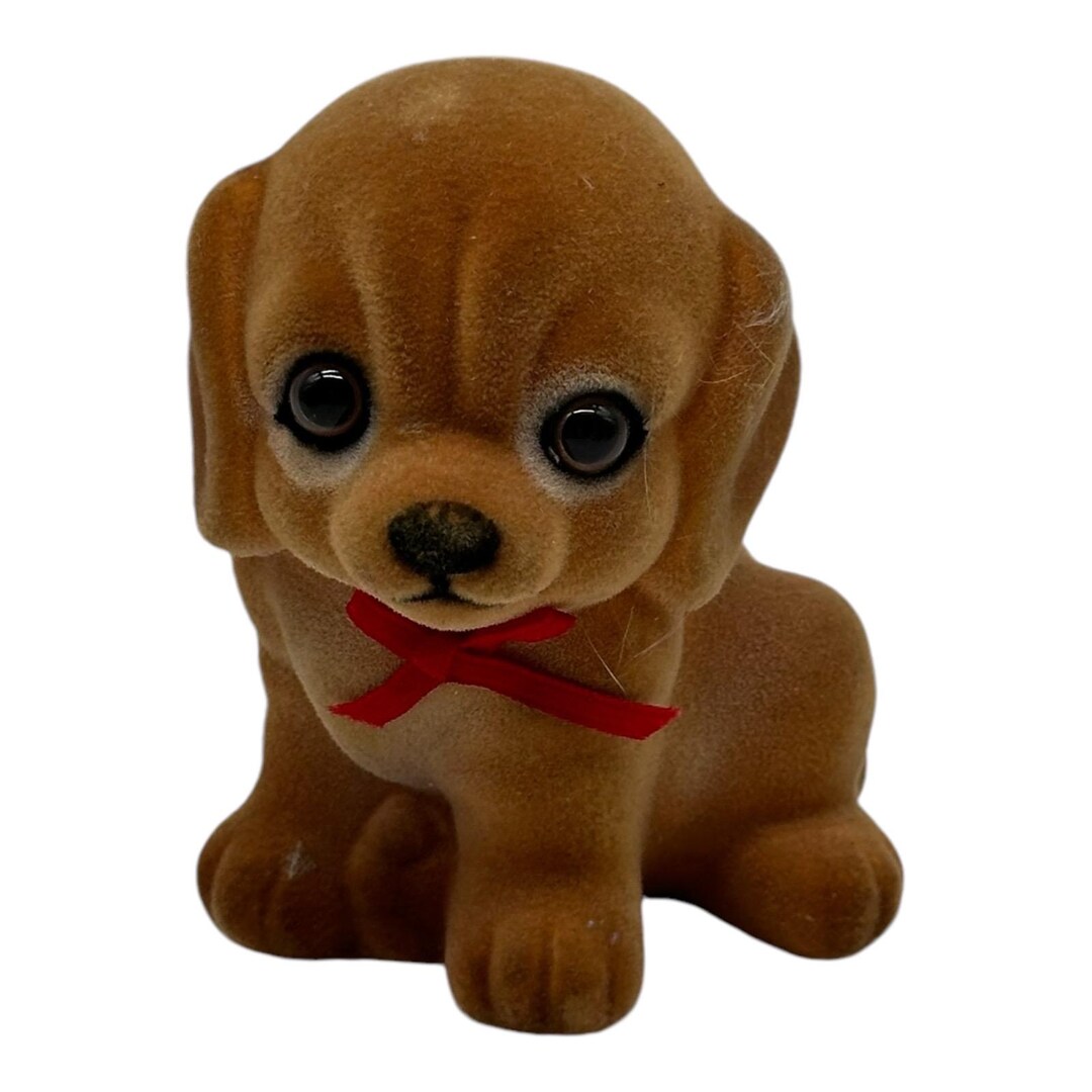 Vintage Flocked Puppy Dog Fuzzy Coat Ceramic Figurine Red Bow