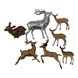Vintage 7 Plastic Deer Bucks Reindeer ~Christmas Figurines~MCM~Brown Gold Silver