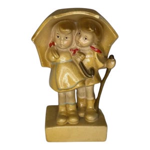 Vintage Chalkware Girls Under Umbrella Hummel Like Figurine 6.5” Tall Very Cute!