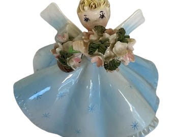 Vintage Lefton Flower Girl Figurine Blue Dress Holding Pink Flowers Japan 1450B