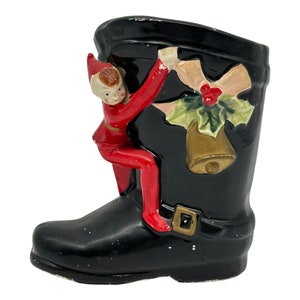 Vintage Christmas Santa Black Boot With Elf Hanging A Bell  Japan  4.75” Tall