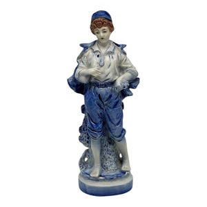 Vintage Ceramic Boy Figurine  9” Tall  Unmarked  Hand Painted  Blue & White