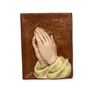 Vintage Praying Hands Religious Plaster Chalkware  Wall Plaque  Hand Painted