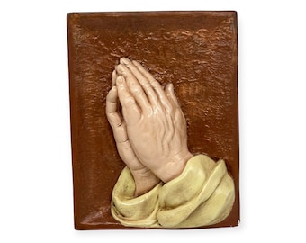 Vintage Praying Hands Religious Plaster Chalkware  Wall Plaque  Hand Painted
