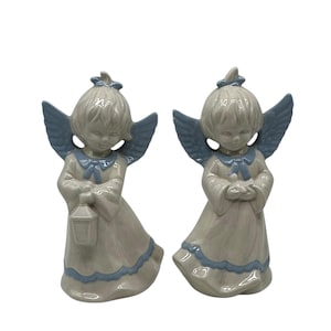 2 Vintage Ceramic Christmas Girl Angels Holding Lantern & Dove Figurine  8” Tall