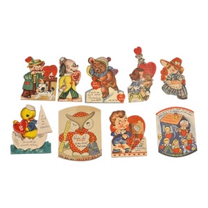 Lot de 9 cartes vintage des années 40 pour la Saint-Valentin, garçons et filles, canard, hibou