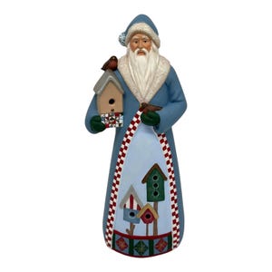 Vintage Hand Painted Ceramic Figurine~Home Spun Santa W/Birdhouse Scene 11”