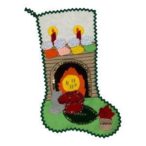 Vintage Completed Christmas Stocking Front  Boy With Cat At Fireplace  17” Long