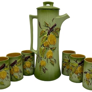Vintage Arnels Ceramics Raised Pear Pattern 12” Chocolate Pot Pitcher & 6  Cups