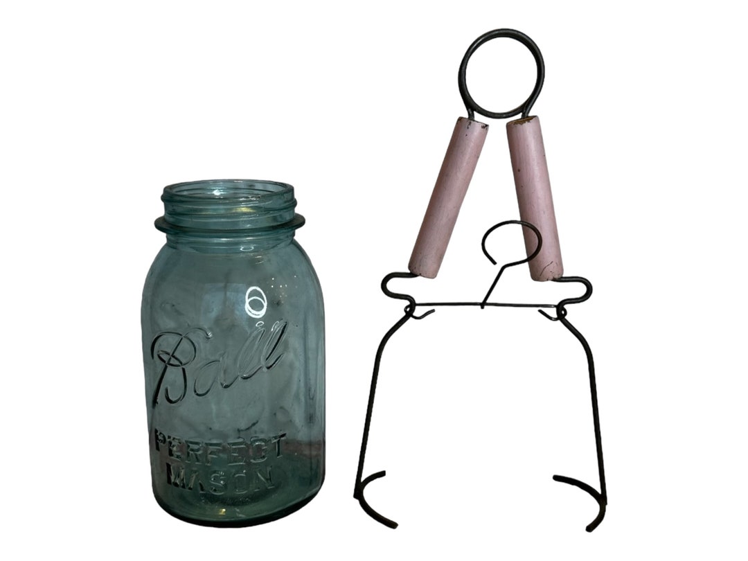 Vintage Canning Mason Jar Lifter Tongs Grabber Pink Wood Handles & Blue