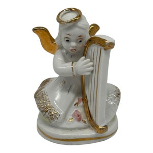 Vintage Enseco Angel Playing Harp Figurine 1960s MCM Made in Japan White Gold
