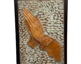 Vintage 1960's W Thalmayer Hand Carved Wooden Wall Plaque Praying Hands 7” x 10”