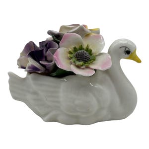 Vintage Aristocrat Fine Bone China Swan Basket Figurine W/Floral Bouquet England