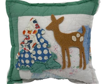 Handgemachte Hirsch Und Baum Kissen Vintage Quilt Alte Chenille Winter Weihnachten